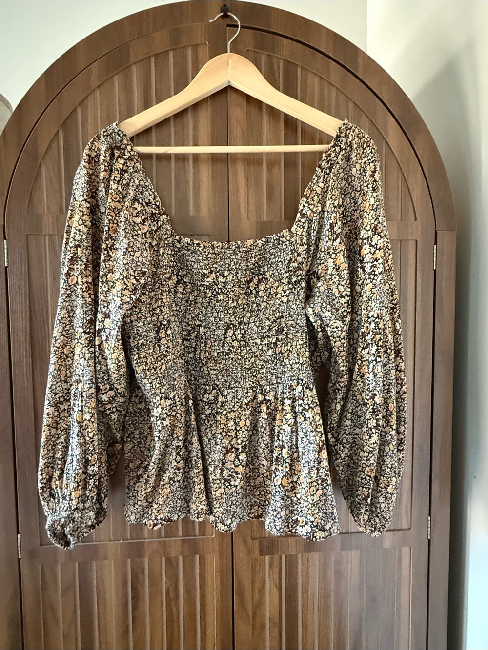 Madewell Brown Floral Smocked Square-Neck Peasant Blouse